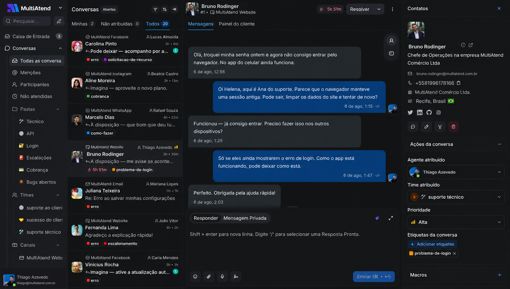Painel de atendimento MultiAtend inbox compartilhado com conversas de WhatsApp e Instagram